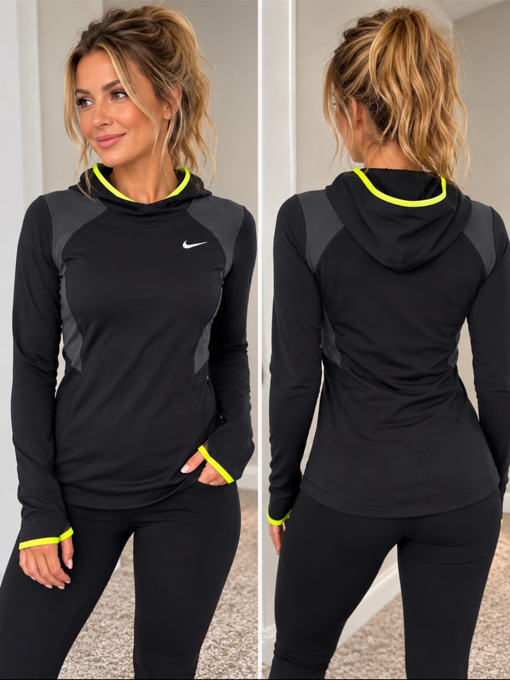 Nike Running Dri-FIT Women’s M Hooded Pullover Black Neon Thumbholes